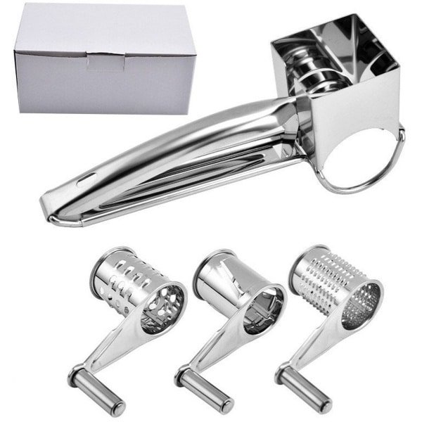 Trommelrasp - Met 4 Rollen - RVS - Handgebogen - Spiraalsnijder - Roterende - Handmatige Kaassnijder - Kaasrasp - Schaaf - Rasp - Molen - Kaasrasp harde kaas - Keukengerei - Keuken accessoires - Geschikt als Kaasmolen en Rasp - Zilver