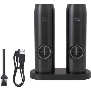 Universele elektrische zout- en pepermolenset met voetstuk - Automatische pepermolen, instelbare maalgraad - Oplaadbare kruidenpotjes voor in de keuken (2-delige set)