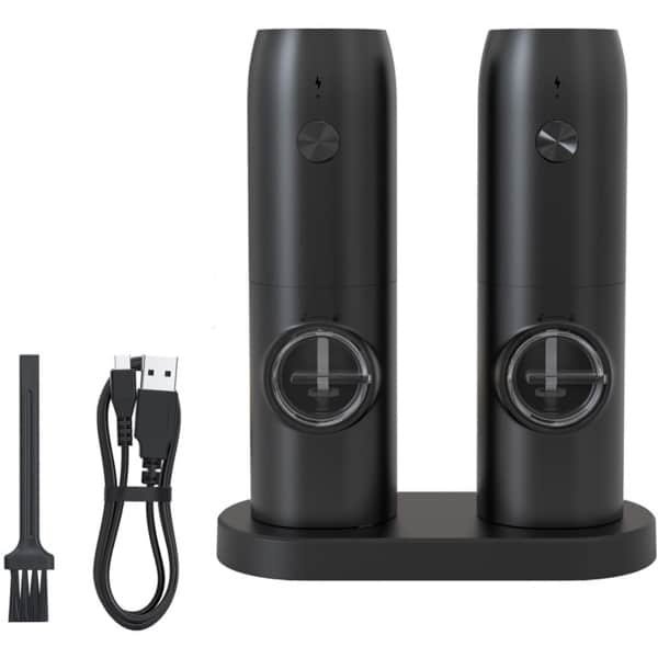 Universele elektrische zout- en pepermolenset met voetstuk - Automatische pepermolen, instelbare maalgraad - Oplaadbare kruidenpotjes voor in de keuken (2-delige set)