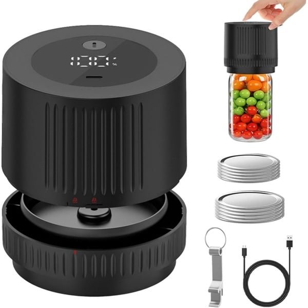 Vacumeermachine - Elektrische Vacuum sealer - Voedselconservering - Automatische sealmachine - Voor brede en normale opening - Compacte - Voor keuken meal prep en dagelijks gebruik - Met blikopener - Inclusief 5 + 5 deksels