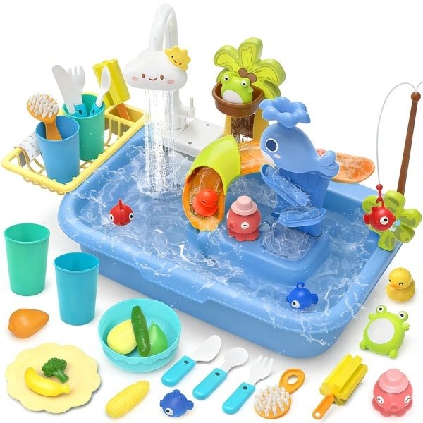 Watertafel speelgoed - Speelkeuken met stromend water en elektrische kraan - Drijvend badspeelgoed en rollenspel voor peuters - Keuken aanrechtje voor jongens en meisjes - Blauw