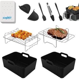10 STKS Dual Air Fryer AF300UK AF400UK - Lucht friteuse Accessoires - Liners Mand - Air Fryer Rack - Siliconen Oven Handschoenen - Voedsel Clip - Olie Borstel - Keuken Koken