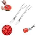 2-in-1 watermeloenvork en snijder - 2 Stuks - Watermeloen Graver - Fruitsnijder - Watermeloen Snijder - Blokjes snijder - fruitvorkjes - Vorkjes - Meloensnijder - RVS - Keuken Accessoires en Gadgets - Zilver