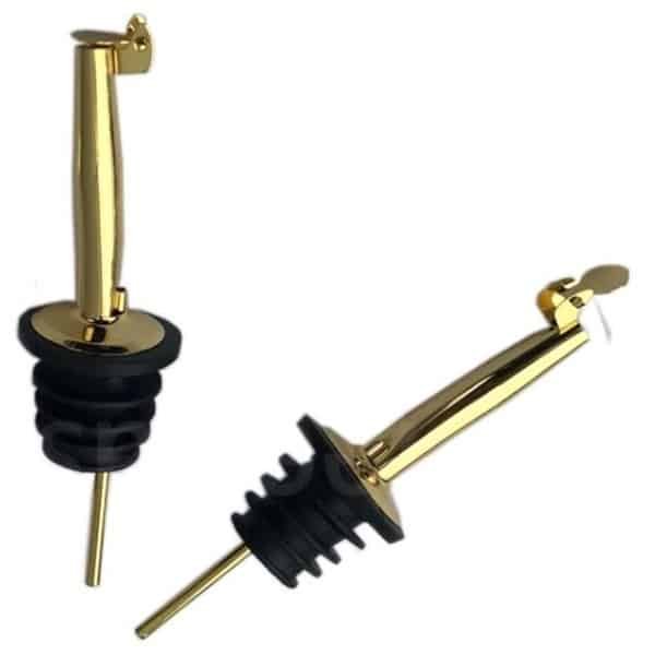 2x Schenktuit - Schenkdop voor op fles - Flesstop met schenker - Wijn / olie schenker - Pour spout - RVS - Druppelvrij doseren - Met dopjes - Keuken / bar accessoires - Goudkleurig - Jonyx