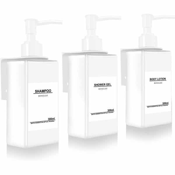3-Piece Soap Dispenser met Wandmontageset - Geen Boren - 300 ml - Wandgemonteerde Zeepdispenser - Witte Shampoo Dispenser met Trechter en Waterdichte Labels voor Keuken - Douche Accessoires