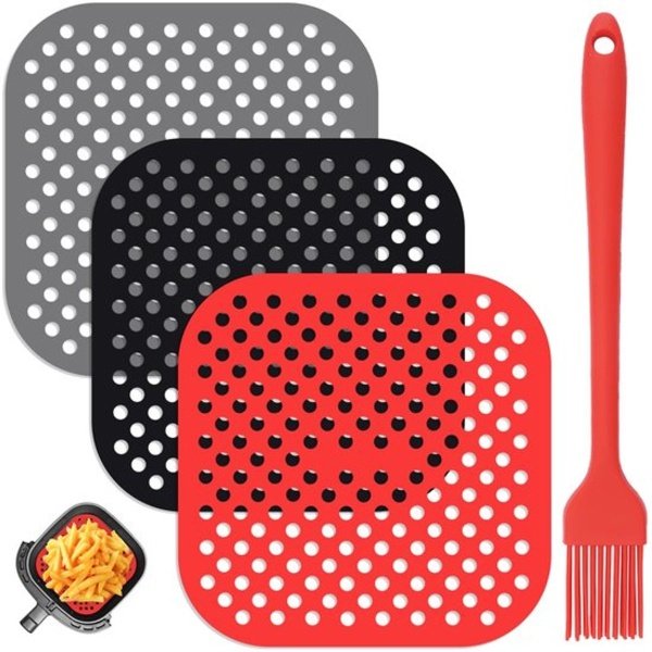 3 Stuks Siliconen Air Fryer Pads, Air Fryer Liners Vierkante Siliconen Matten voor Air Fryer, Antiaanbak Coating Herbruikbare Siliconen Air Fryer Accessoire met Kwasten voor Keuken