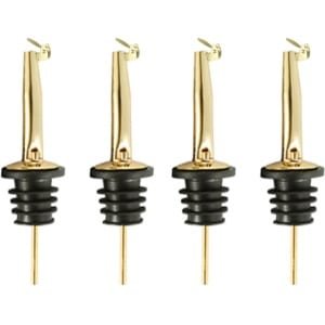 4x Schenktuit - Schenkdop voor op fles - Flesstop met schenker - Wijn / olie schenker - Pour spout - RVS - Druppelvrij doseren - Met dopjes - Keuken / bar accessoires - Goudkleurig - Jonyx