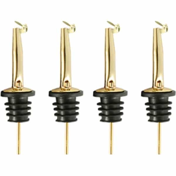 4x Schenktuit - Schenkdop voor op fles - Flesstop met schenker - Wijn / olie schenker - Pour spout - RVS - Druppelvrij doseren - Met dopjes - Keuken / bar accessoires - Goudkleurig - Jonyx