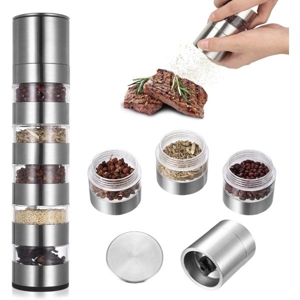 5-in-1 campingkruidenstrooier, mini-kruidenpotjes, draagbare kruidenpotjes, reis- en picknick, kruidenset, kruidenmolen, mini-zoutstrooier voor onderweg, outdoor, keuken, camping, accessoires