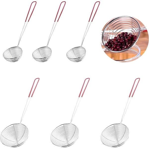 6pcs Rvs Skimmer Strainer Lepen - Lange Handgreep Keuken Skimmer - Kleine Strainer Fondue Accessoires voor Pasta - Rijst - Bloem - Suiker - Thee (Rood)