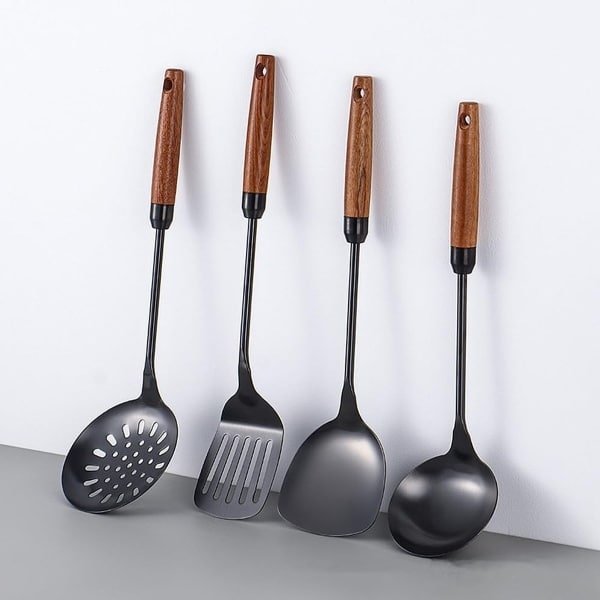 Allecto - - Keuken Gereedschap Set - 4-delige Set - Rvs en Houten Handvat - Keuken Accessoires - Handig voor Koken - Zwart