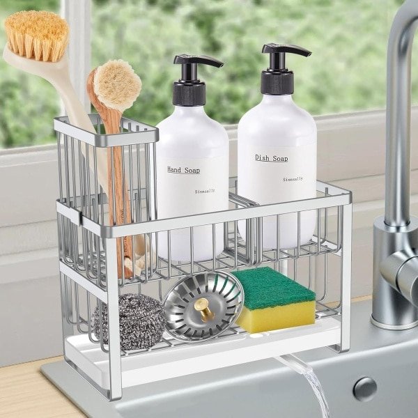 Caddy voor Sink Organizer - Keuken Sink Storage Tray - Zeepdispenser - Afwas Caddy Organizer - Sponshouder voor Keuken Accessoires Opslag Rack met Borstelhouder (2 Lagen - Zilver)
