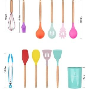 Candala Siliconen kookgerei Keukengerei Set, 12 Stuks Natuurlijke Houten Handvatten Kookgereedschap BPA Vrij Niet Giftige Siliconen Draaier Tang Spatel Lepel Keuken Gadgets Gebruiksvoorwerp Set (Kleurrijk)