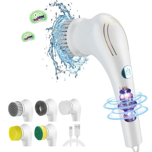 Draadloze Elektrische Reinigingsborstel met 360 Graden Draaiing en 5 Verwisselbare Borstelkoppen voor Keuken en Badkamer