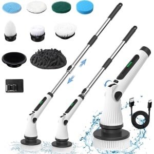 Draadloze Elektrische Schrobborstel met 8 Opzetstukken en Verstelbare Lange Steel voor Badkamer en Keuken