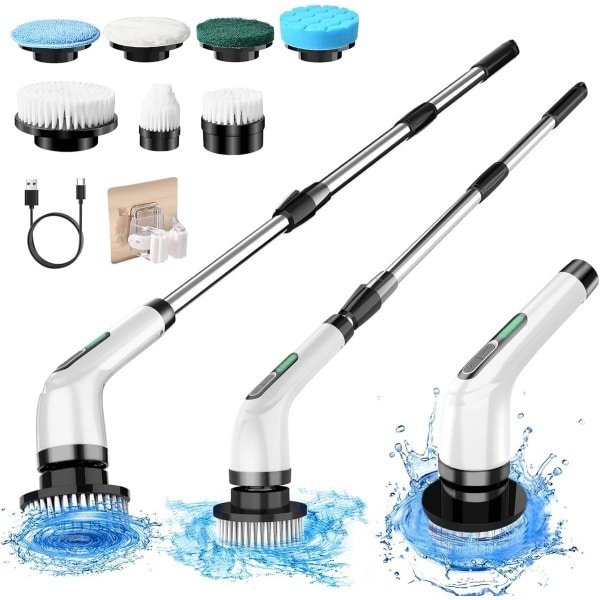 Draadloze Elektrische Schrobborstel met Verstelbare Steel en 7 Opzetborstels voor Badkamer en Keuken