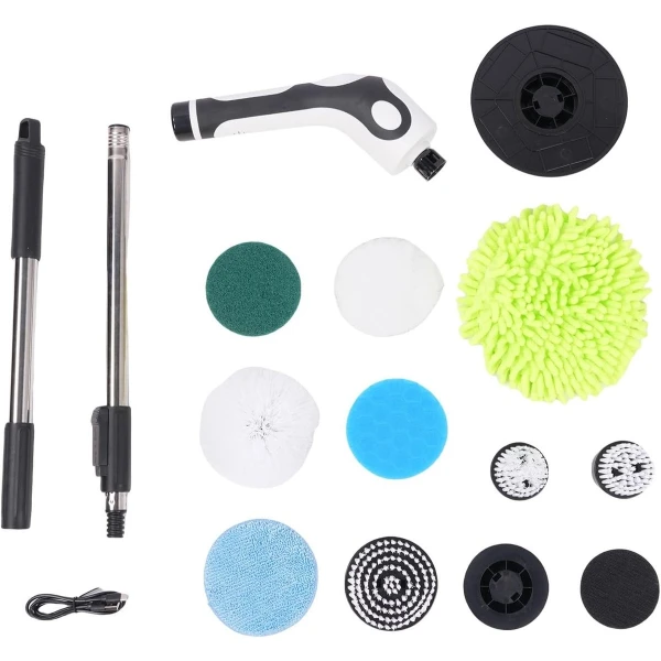 Draadloze elektrische schoonmaakborstel met 9 opzetstukken en telescopische steel, IPX7 waterdicht, 2 snelheden, ideaal voor badkamer, keuken, auto, vloeren en meubels