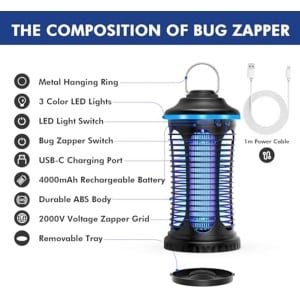 Draagbare Elektrische Muggenlamp - 4000 mAh Oplaadbaar met LED Licht voor Binnen en Buiten - Ideaal voor Tuin, Camping en Keuken