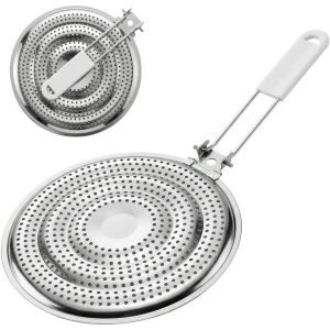 Een hitteverdeler/vlambeschermer voor in de keuken met afneembaar handvat, gemaakt van roestvrij staal, verdeelt de warmte gelijkmatig en voorkomt aanbranden. Geschikt voor gas-, elektrische, keramische en glazen kookplaten. 8,25 inch (21 cm).