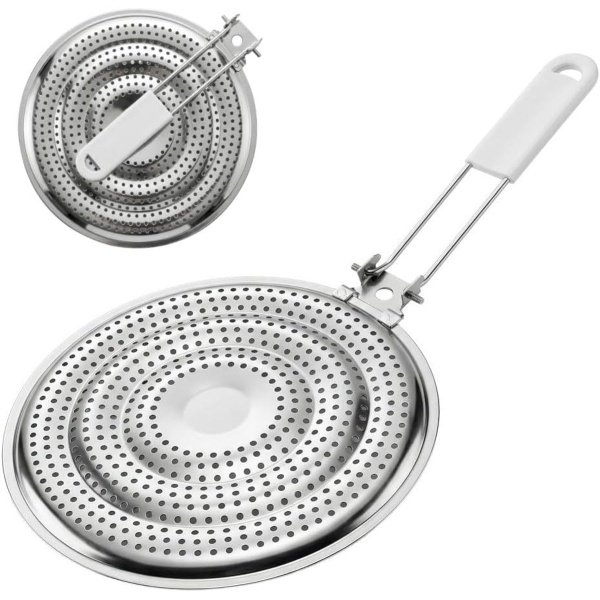 Een hitteverdeler/vlambeschermer voor in de keuken met afneembaar handvat, gemaakt van roestvrij staal, verdeelt de warmte gelijkmatig en voorkomt aanbranden. Geschikt voor gas-, elektrische, keramische en glazen kookplaten. 8,25 inch (21 cm).