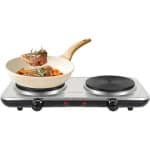 Elektrische Dubbele Kookplaat - 2 Kookplaten Ø 15 Cm - Temperatuurinstelling - Thermostaat - Oververhittingsbeveiliging - 1000 W + 1000 W - Perfect Voor Keuken - Camping - Kantoor