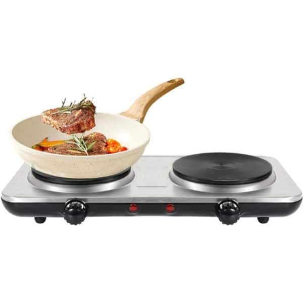 Elektrische Dubbele Kookplaat - 2 Kookplaten Ø 15 Cm - Temperatuurinstelling - Thermostaat - Oververhittingsbeveiliging - 1000 W + 1000 W - Perfect Voor Keuken - Camping - Kantoor