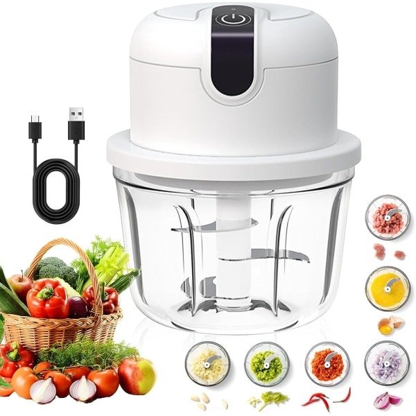 Elektrische Keuken Hakselaar - Uienhakselaar Elektrisch 350ml - USB Oplaadbaar Draadloos - Geschikt voor Uien, Fruit, Noten, Vlees, Knoflook - Wit - 1 Stuk