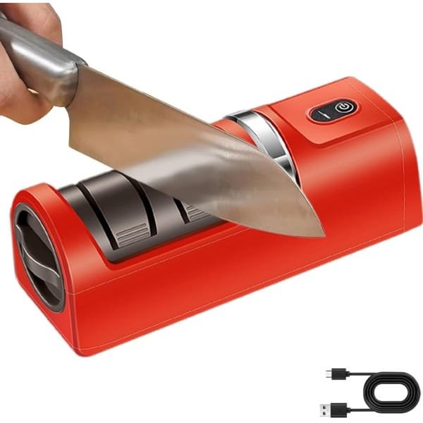 Elektrische Messenslijper - Oplaadbare - Messenslijper Elektrisch - Knife Sharpener - Doortrekslijper - Messen Slijper - Messenslijpers - Geschikt voor mesonderhoud - Voor Huishoudelijk Gebruik Keuken Wonen Camping Bakken - Rood