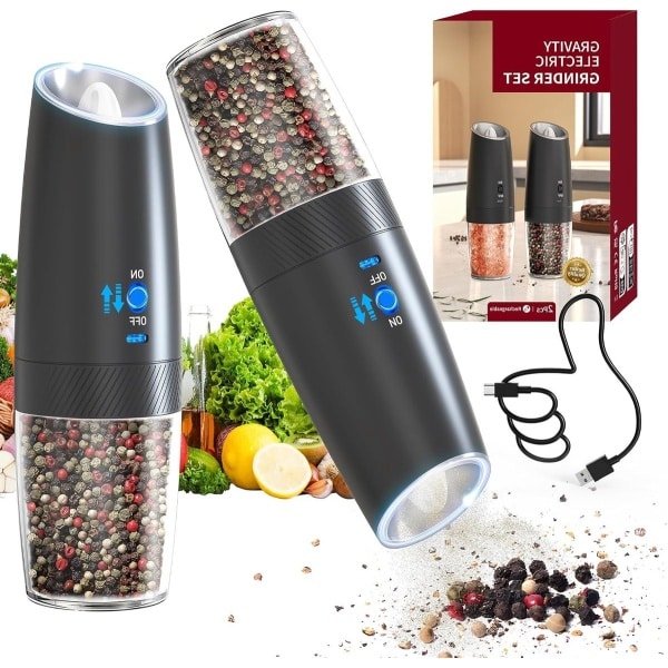 Elektrische Peper- en Zoutmolen Set van 2 - Oplaadbaar via USB, Verstelbaar, Met LED en Borstel, Handbediening voor Keuken en BBQ (Zwart)