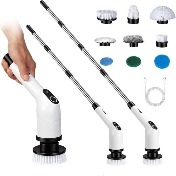 Elektrische Reinigingsborstel met 9 Interchangeable Borstels, IPX7 Waterdicht, Verstelbare Handgreep voor Badkamer, Keuken en Auto