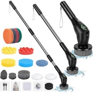 Elektrische Reinigingsborstel met Steel - Elektrische Scrubber met Verwisselbare Borstelkoppen - 3 Snelheden - Ideaal voor Badkamer en Keuken - Zwart schrobber met steel