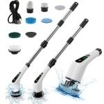 Elektrische Schoonmaakborstel - Incl. 7 Verwisselbare Borstelkoppen - Oplaadbaar & Draadloos - Schrobborstel Met Verstelbare Steel - Schrobmachine - Schrob Borstel - Poetsmachine - Voor Auto, Raam, Keuken, Badkamer, Vloer - Wit