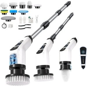 Elektrische Schoonmaakborstel met 10 Opzetstukken - Uitschuifbare & Verstelbare Steel - Power Scrubber voor Badkamer, Keuken & Auto - Draadloos - Wit