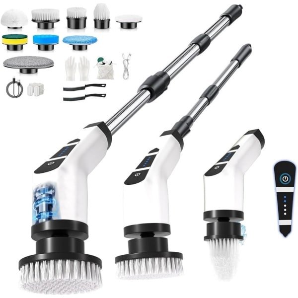 Elektrische Schoonmaakborstel met 10 Opzetstukken - Uitschuifbare & Verstelbare Steel - Power Scrubber voor Badkamer, Keuken & Auto - Draadloos - Wit