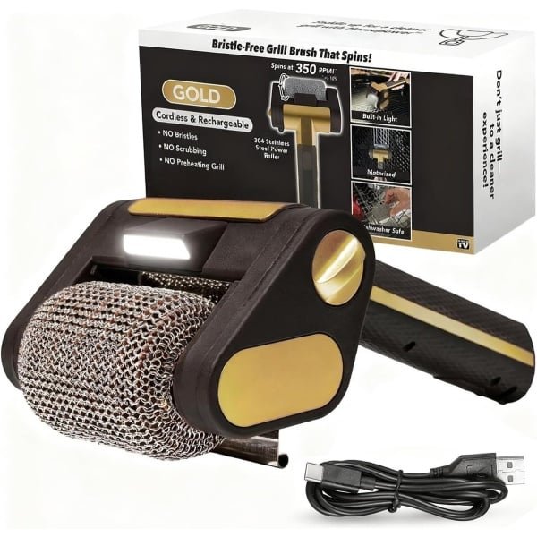 Elektrische grillborstel, 4000mAh draadloze BBQ-reiniger met LED-verlichting, 350 tpm roestvrijstalen motorrol, oplaadbare grillborstel voor keuken en buiten, zwart