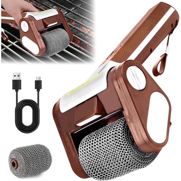 Elektrische grillborstel zonder borstelharen, 304 roestvrijstalen grillreiniger, draadloze BBQ-reinigingsset met LED-verlichting, afneembare roestvrijstalen roller met 350 toeren per minuut, BBQ-accessoires voor keuken en buiten