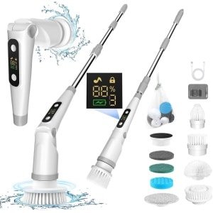 Elektrische reinigingsborstel met 8 opzetstukken, 3 snelheden en verstelbare handgreep voor badkamer en keuken