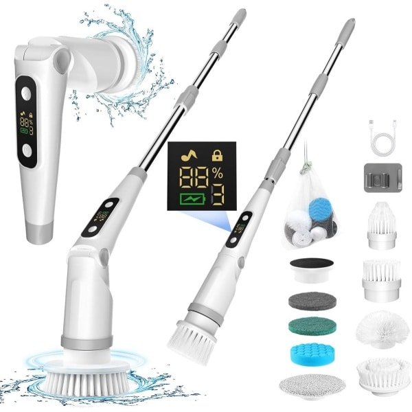 Elektrische reinigingsborstel met 8 opzetstukken, 3 snelheden en verstelbare handgreep voor badkamer en keuken