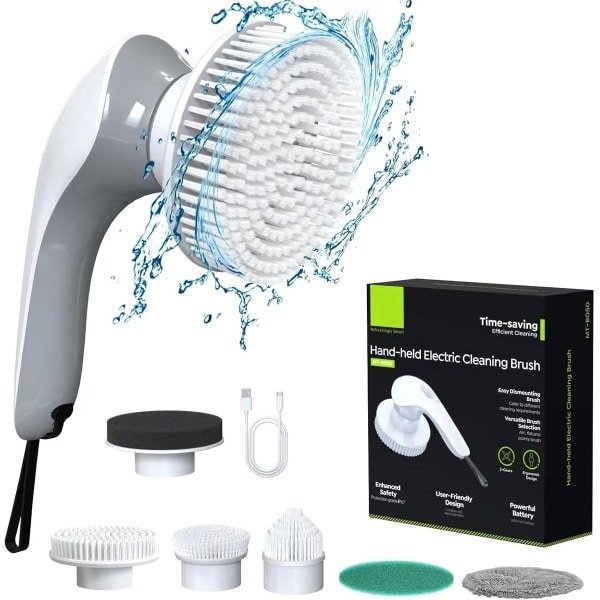 Elektrische spinschrobber voor badkamer en keuken met 2 snelheden en 6 opzetborstels