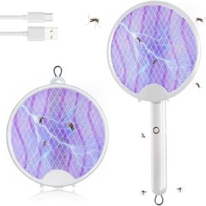 Elektrische vliegenmepper, 3-in-1, 3000 V, USB-oplaadbaar, opvouwbaar, uv-elektrische muggenmepper, hangende insectenverdelger met veiligheidsnet voor binnen, keuken (wit)
