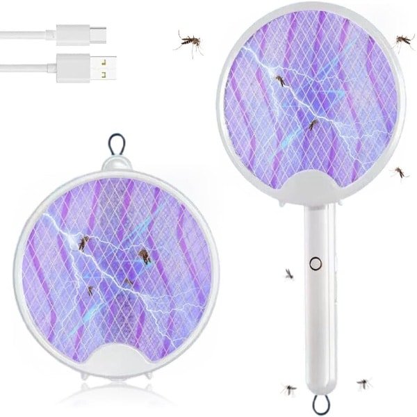Elektrische vliegenmepper, 3-in-1, 3000 V, USB-oplaadbaar, opvouwbaar, uv-elektrische muggenmepper, hangende insectenverdelger met veiligheidsnet voor binnen, keuken (wit)