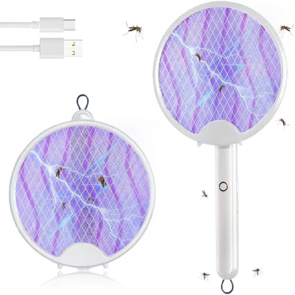 Elektrische vliegenmepper, 3-in-1, 3000 V, USB-oplaadbaar, opvouwbaar, uv-elektrische muggenmepper, hangende insectenverdelger met veiligheidsnet voor binnen, keuken (wit)