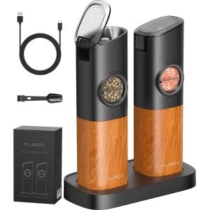 Elektrische zout- en pepermolen - navulbare basis - instelbare korrel - roestvrij staal - keuken - grill - houtnerf