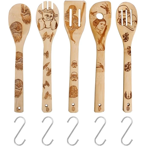 Famanu - 5 Stks Houten Lepels Voor Koken Bamboe Keukengerei Set Met S Vorm Rvs Haak Lepel Nonstick Kookgerei Turners Gesneden Spatels Set Keuken Gadgets Burned Geschenken
