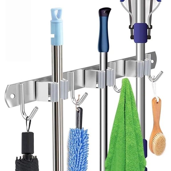 Famanu - Bezemhouder RVS - Wandhouder met 3 stevige clips en 4 haken, multifunctionele organizer voor stelen en accessoires - Voor keuken en garage
