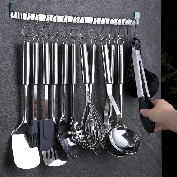 Famanu - Keukengerei Set 38 Stuks, Roestvrij Staal Kookgerei Set, Keuken Gadgets, Met houder en haken om keukengerei op te hangen, Vaatwasserbestending