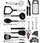 Famanu - Keukengerei set - Keukengerei met antiaanbaklaag - Roestvrij staal en siliconen Kookgerei - Keukengereedschap Gadgets Accessoires Lepels Draaispanen Spatels Lepel set