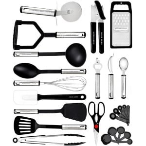 Famanu - Keukengerei set - Keukengerei met antiaanbaklaag - Roestvrij staal en siliconen Kookgerei - Keukengereedschap Gadgets Accessoires Lepels Draaispanen Spatels Lepel set