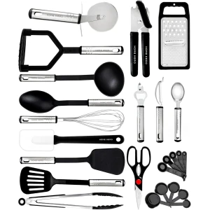 Famanu - Keukengerei set - Keukengerei met antiaanbaklaag - Roestvrij staal en siliconen Kookgerei - Keukengereedschap Gadgets Accessoires Lepels Draaispanen Spatels Lepel set