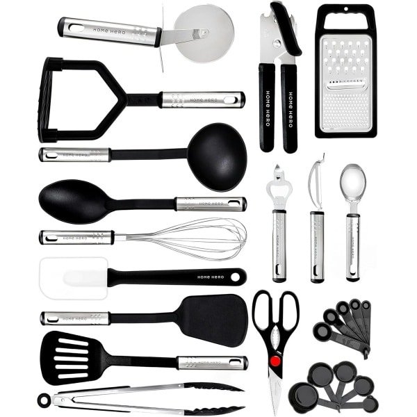 Famanu - Keukengerei set - Keukengerei met antiaanbaklaag - Roestvrij staal en siliconen Kookgerei - Keukengereedschap Gadgets Accessoires Lepels Draaispanen Spatels Lepel set